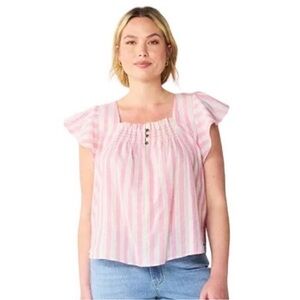 Draper James RSVP Small Cabana Pink White Stripe Ruffle Sleeve Shirt Top Linen S